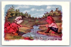 Just A Line Or Two~Children Fishing In Creek~PM 1907~Embossed~Vintage Postcard