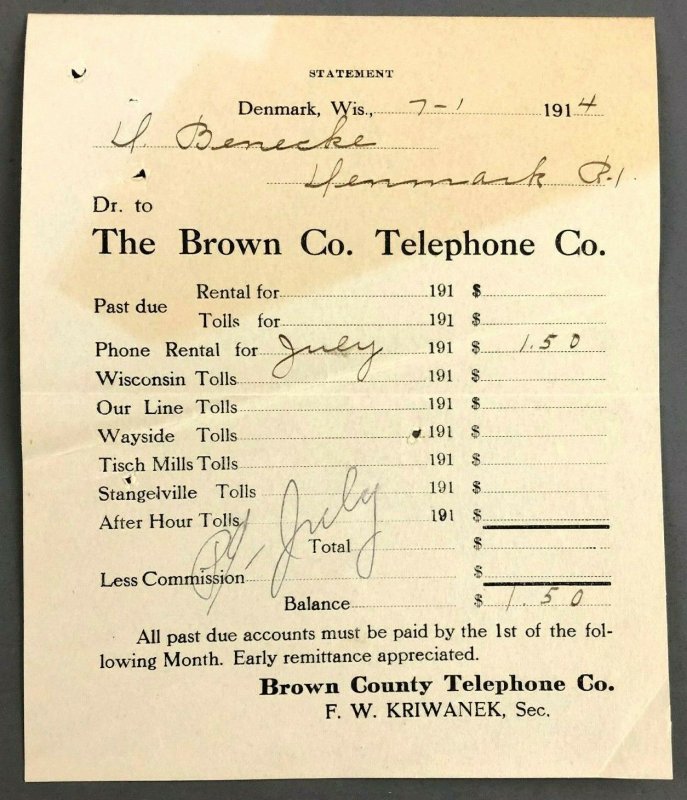 1914 Brown Country Telephone Company Denmark WI Bill Invoice Receipt 