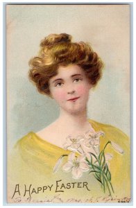 1907 Easter Pretty Girl Curly Hair White Lily Flowers Moline IL Antique Postcard