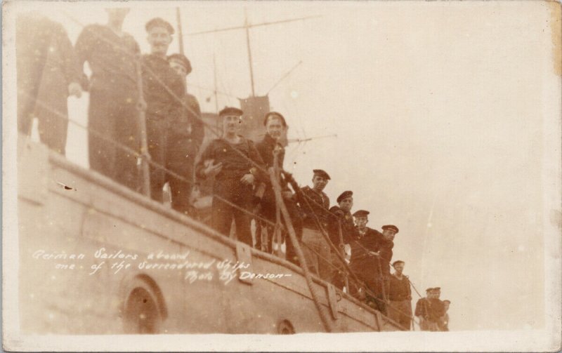 German Sailors aboard Surrender Ship Surrendering WW1 Denson RPPC  Postcard G5