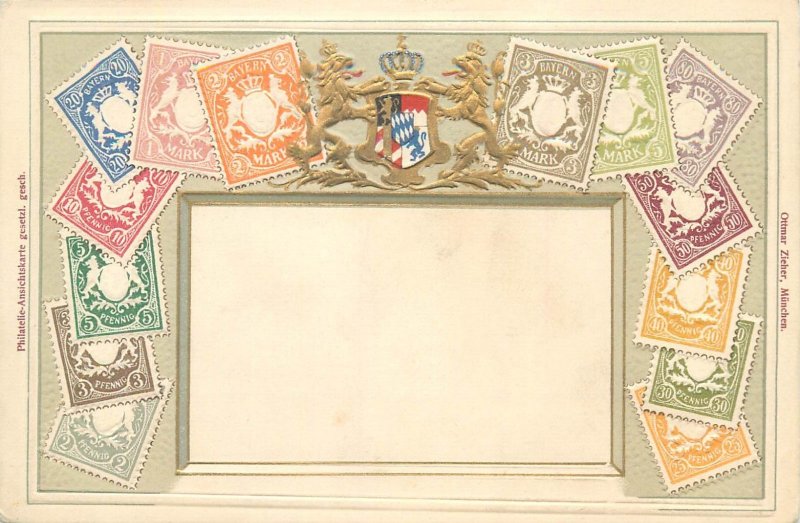 Embossed postcard about stamps Germany Bavaria Litho Ottmar Zieher