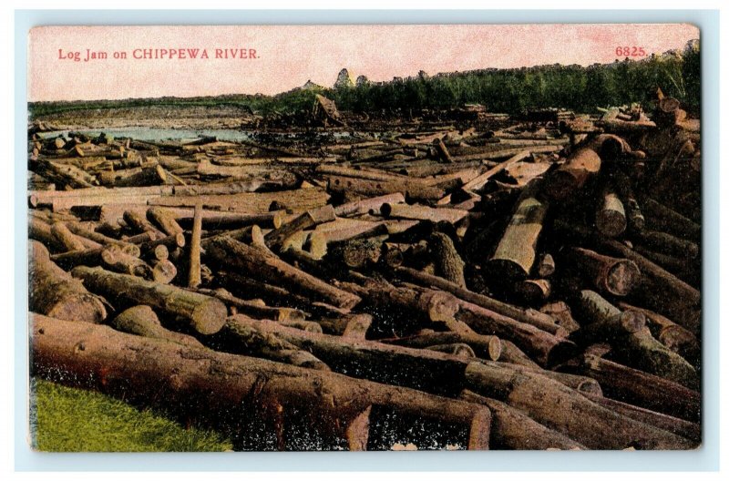 c1910 Log Jam on Chippewa River Wisconsin WI Unposted Postcard