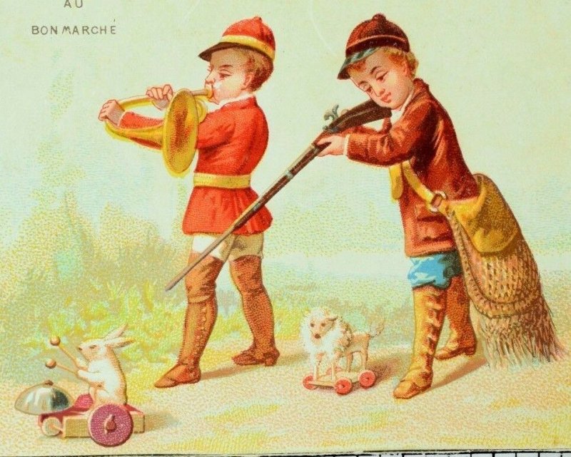 Lovely Boys Hunting Cute Rabbit Dog Pull Toy Rifle Bugle Paris Trade Card F87