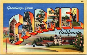 Vtg 1940s Greetings from Carmel California CA Large Letter Linen Postcard