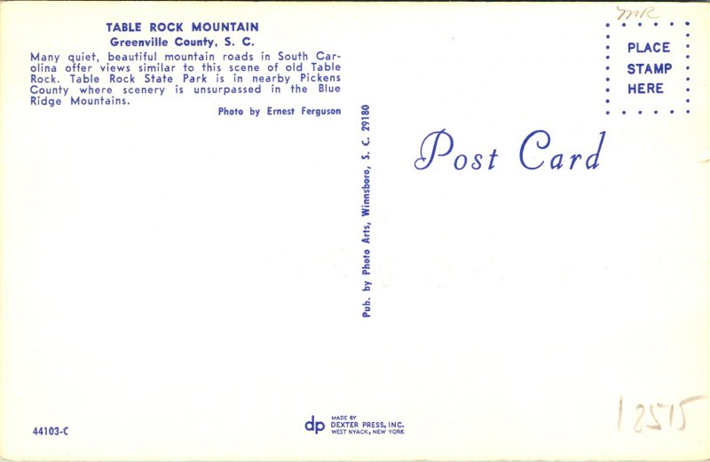 Greenville County SC Table Rock Mountain Postcard unused (18515)