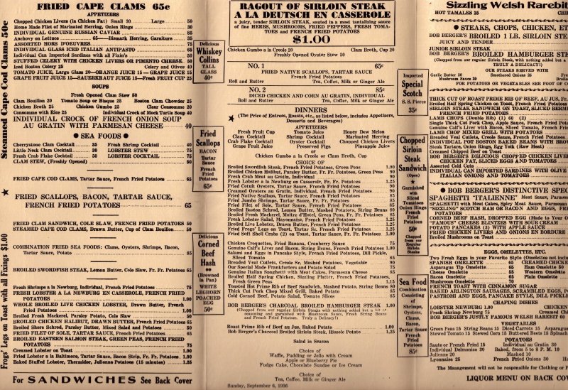 1937  Berger's   Restaurant  Menu  Boston  Massachusetts   18 x 12