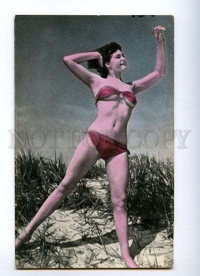 128960 BELLE Woman in SWIMSUIT on Beach Vintage PHOTO Tinted