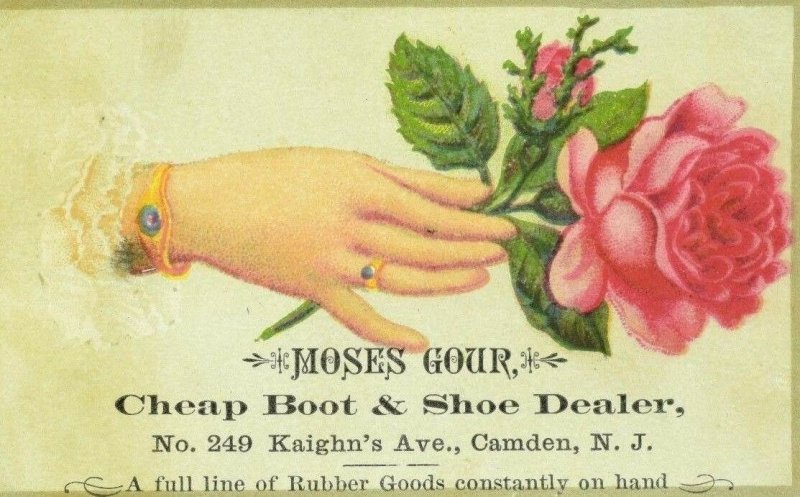 1880's Moses Gour Cheap Boot & Shoe Dealer Lady's Hand & Pink Rose P108 