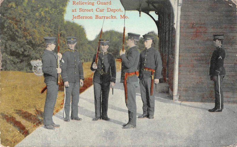 Relieving Guard, Street Car Depot, Jefferson Barracks, MO 1918 Antique Postcard