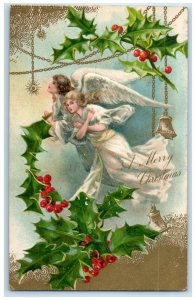 1907 Christmas Angels Ringing Bells Holly Berries Embossed Nash Antique Postcard