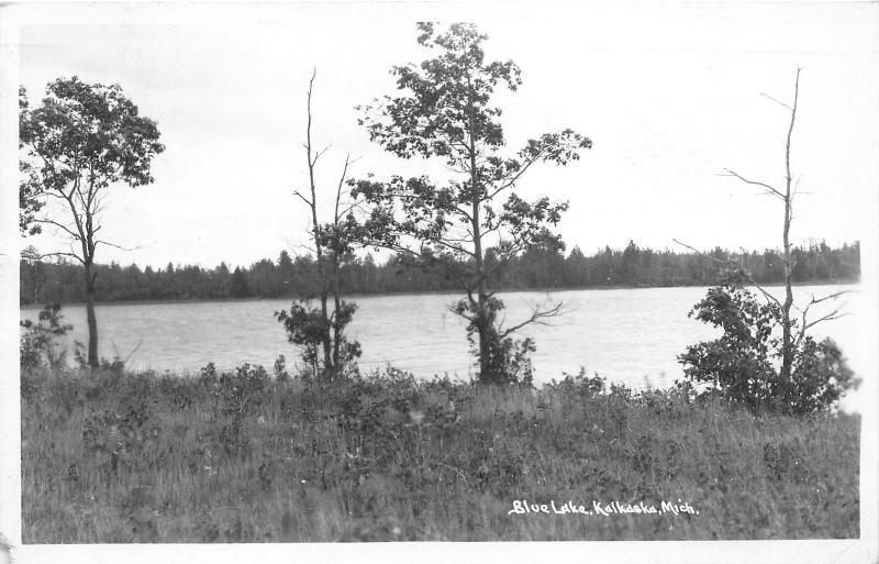 Kalkaska Michigan~Blue Lake~Trees Along Shore~1947 RPPC Postcard