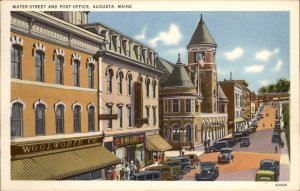 Augusta Maine Water Street Post Office Woolworth c1930-50s Vintage Postcard
