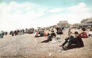 Vintage Postcard View Of Crowded Salisbury Bathing Beach Massachusetts Leighton