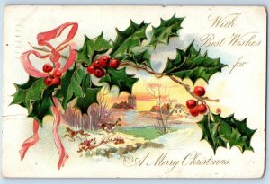 Christmas Postcard Best Wishes Holly Berries Winter Scene Leominster MA 1907