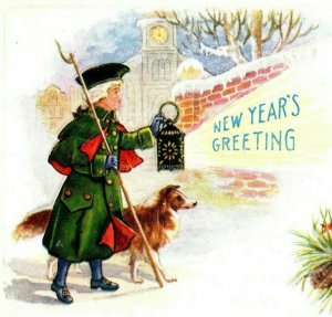 C.1910 Colonial Man Lantern Collie Dog Embossed New Year Vintage Postcard P77