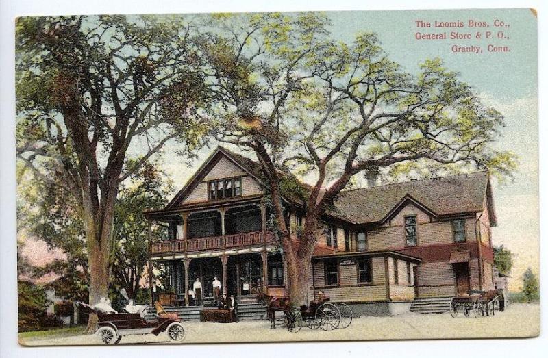 Granby CT Loomis Bros. Store & Post Office Horse & Wagons Postcard