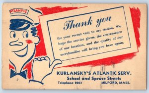 Thank You Message Kurlansky's Atlantic Serv Milford Massachusetts MA Postal Card
