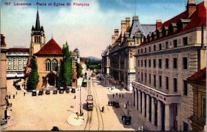 Vtg Lausanne Switzerland Place et Eglise St Francois Postcard