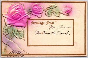 1910's Embossed Rose Flower Gold Border Friendship Greetings Posted Postcard