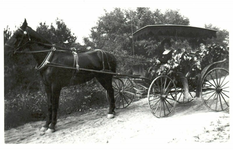 Horse & Carriage Carrying Two Women Fancy Dress Photo, Vintage Postcard, RPPC