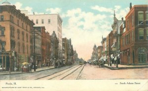 Peoria Illinois South Adams St, Streetcar, Vendor, Business Sign Postcard Unused