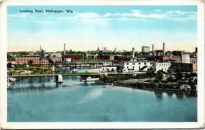 Postcard WI Sheboygan Looking East Bridge Factories Industry 1920s H25