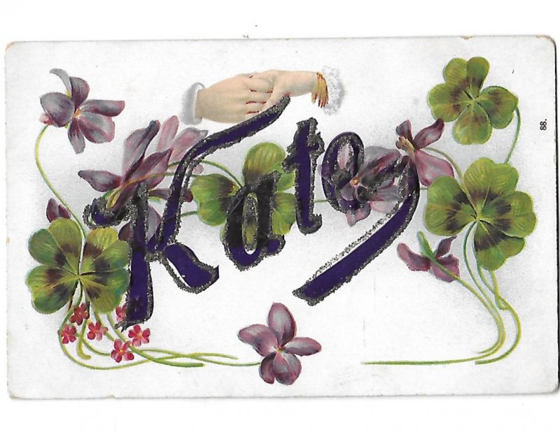 Kate in Purple Glittered Letters Two Hands Clasped, Violets & Clovers