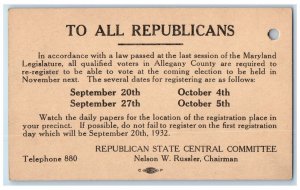 1932 Republican State Central Committee Cumberland Maryland MD Postal Card