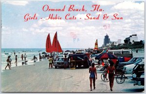 VINTAGE POSTCARD CARS AND SAILS ON THE SAND AT ORMOND BEACH FLORIDA 1983