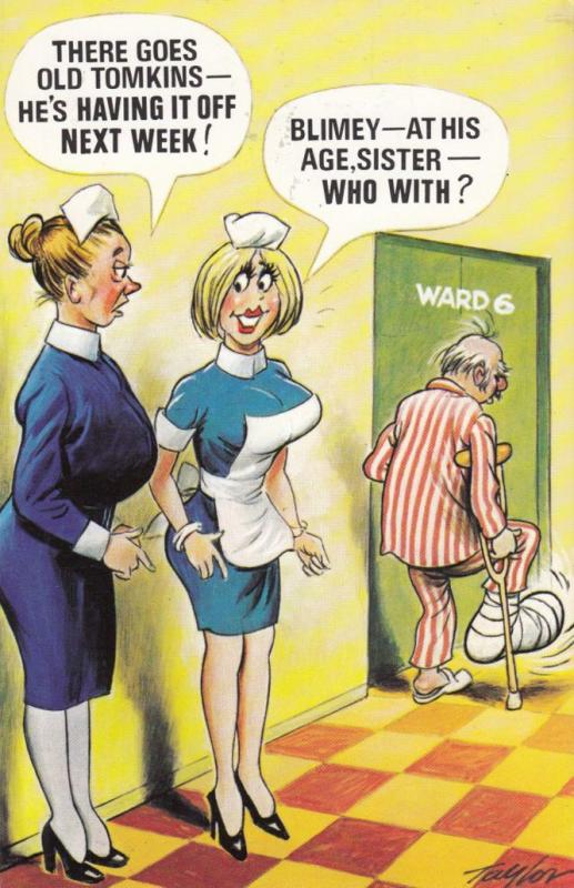 Hospital Patient Broken Leg in Sling Nurse & Sister 1970s Comic Humour Postcard