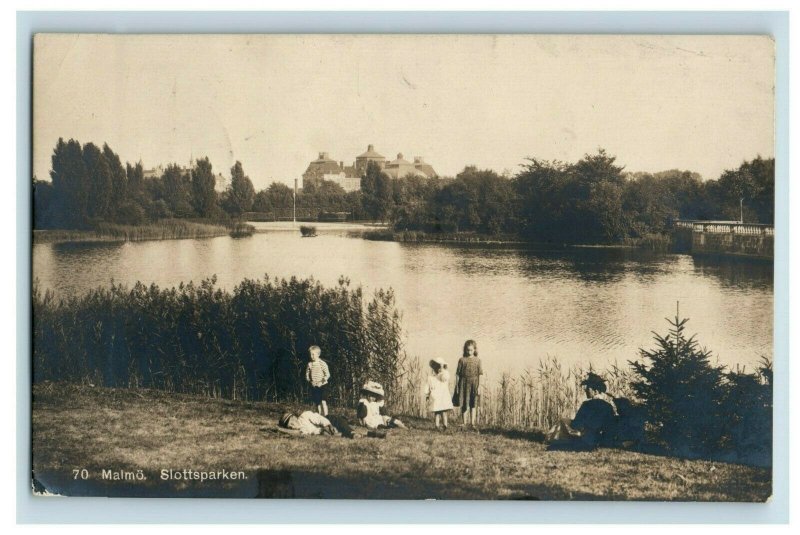 C.1910 Kids Hotel Malmo Park Lake Pond Slottsparke RPPC Real Photo Sweden P110