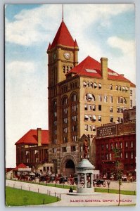 Illinois Central Depot Train Station Horse Taxis Chicago IL C1907 Postcard N16