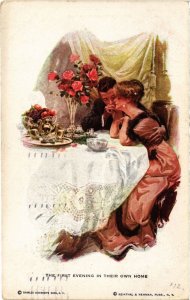 PC ARTIST SIGNED, HARRISON FISHER, THE FIRST EVENING, Vintage Postcard (b45195)