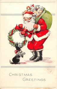 J24/ Santa Claus Christmas Postcard c1910 Dog Pet Toys Wreath 121