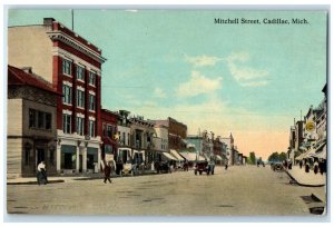 c1910 Busy Day Mitchell Street Buildings Road Cadillac Michigan Vintage Postcard