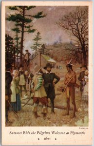 Samoset Bids The Pilgrims Welcome At Plymouth Mural Painting Art Postcard