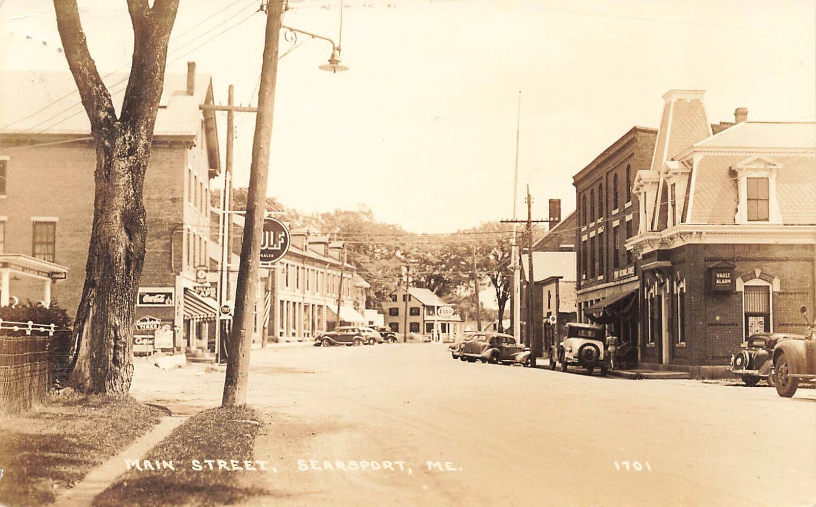 Searsport ME Main Street Gulf Gas Station Storefronts Old Cars, RPPC United States Maine