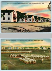 2 Postcards SAN ANTONIO, TX  Aviation Cadet Center CALISTHENICS, BARRACKS 1940s