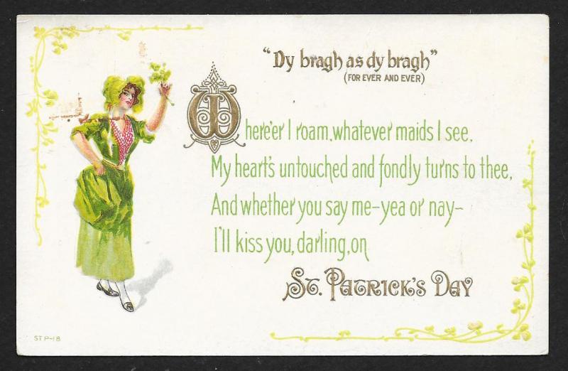 St Patricks Day Lady in Green Unused c1910s