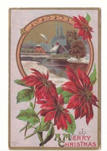 A Merry Christmas, Poinsettia, Rural Scene In Winter, Vintage Embossed Postcard