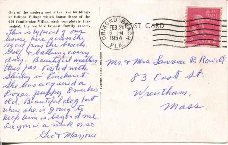 Ormond Beach Florida FL - Vacation Home Ellinor Village - 1954 Postcard- 554