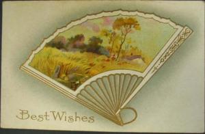 Embossed Fan w House Scene c1910 Postcard