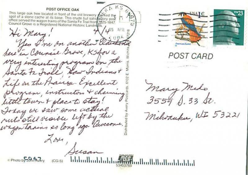 Council Grove Kansas Post Office Oak Santa Fe Trail Stone Cach  Postcard  # 6568