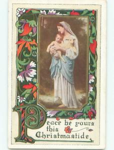 Pre-Linen christmas religious NATIVITY - MARY HOLDS BABY JESUS AND LAMB W7134