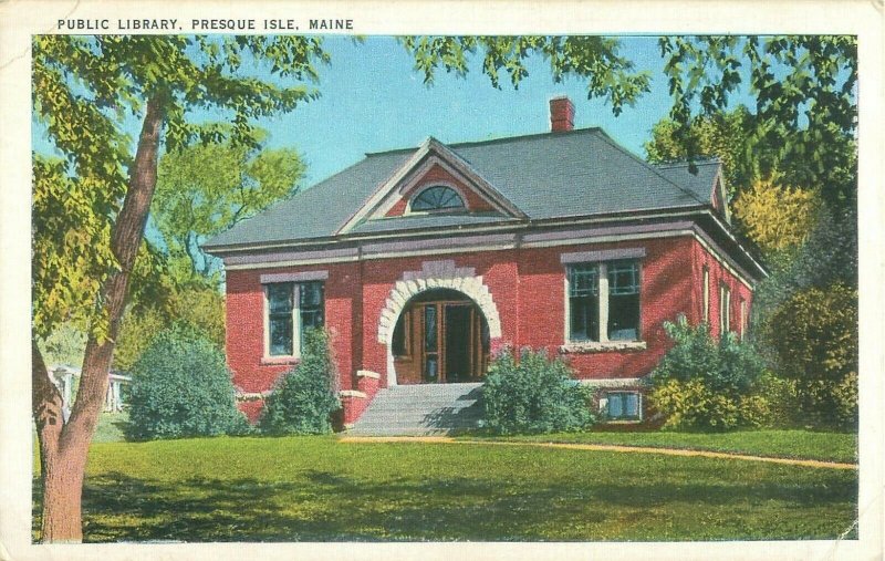 Public Library Presque Isle Maine ME White Border Postcard