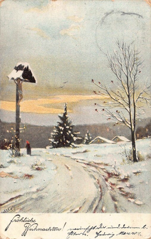 A126 Christmas Greetings 1904 Winter Landscape Cross Road Pine tree postcard