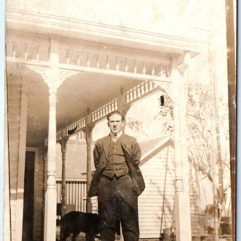 c1910s Fat Professional Man House Porch RPPC Pet Dog Windmill Real Photo A142