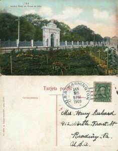 ARTISTICO PORTAL DEL PARQUE DE LIMA PERU 1909 ANTIQUE POSTCARD 