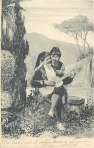 Romantic musical couple guitar serenade Swiss ethnic type 1902 Kallnach postcard 