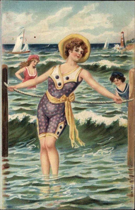 Bathing Beauty Beautiful Young Woman Rope Cord c1910 Vintage Postcard